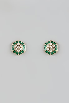 Gold Finish Green Kundan Polki Stud Earrings