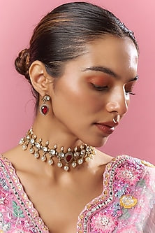 Two-Tone Finish Red Kundan Polki Necklace Set