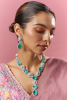 White Finish Zircon & Aqua Stone Long Necklace Set