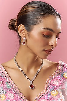 White Finish Zircon & Red Stone Long Necklace Set