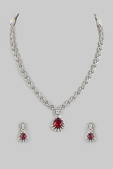 White Finish Zircon & Red Stone Long Necklace Set