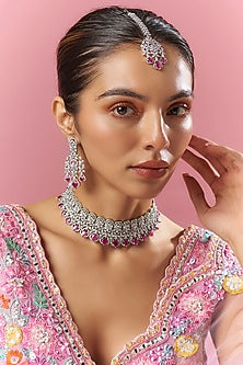 White Finish Red Zircon Necklace Set