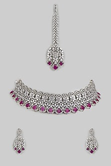 White Finish Red Zircon Necklace Set