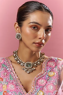 Two Tone Finish Aqua Kundan Polki Necklace Set