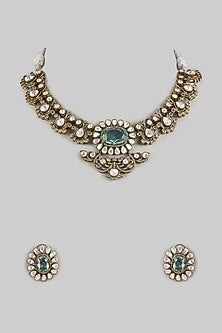 Two Tone Finish Aqua Kundan Polki Necklace Set