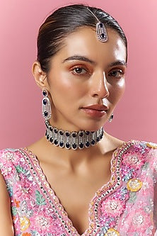 White Finish Blue Zircon Choker Necklace Set