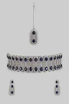 White Finish Blue Zircon Choker Necklace Set