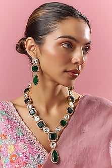 Gold Finish Green Kundan Polki Long Necklace Set