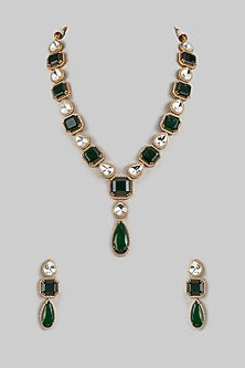 Gold Finish Green Kundan Polki Long Necklace Set
