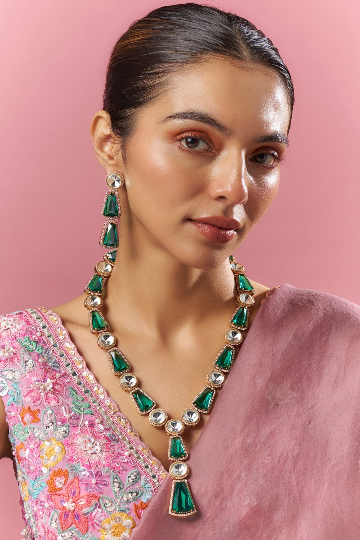 Gold Finish Aqua Kundan Polki Long Necklace Set