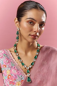 Gold Finish Aqua Kundan Polki Long Necklace Set