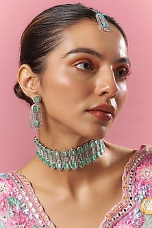 White Finish Blue Zircon Choker Necklace Set