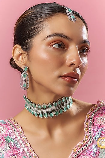 White Finish Blue Zircon Choker Necklace Set