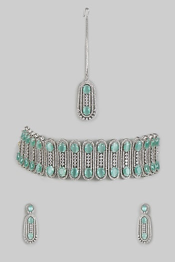 White Finish Blue Zircon Choker Necklace Set