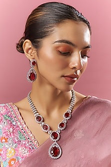 White Finish Red Zircon Long Necklace Set