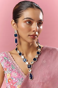 Gold Finish Blue Kundan Polki Long Necklace Set