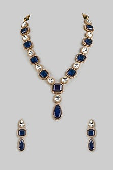 Gold Finish Blue Kundan Polki Long Necklace Set