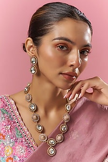 Gold Finish White Kundan Polki Long Necklace Set