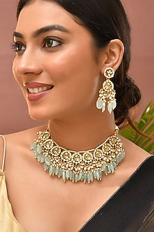Gold Finish Green Kundan Polki Necklace Set