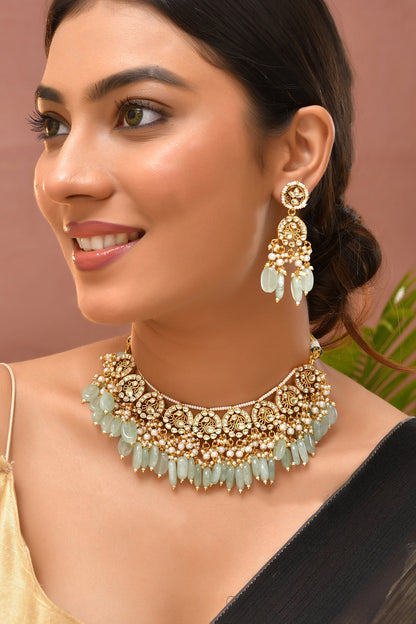 Gold Finish Green Kundan Polki Necklace Set