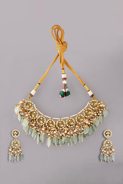 Gold Finish Green Kundan Polki Necklace Set