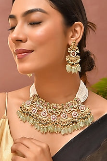 Gold Finish Green Kundan Polki Necklace Set