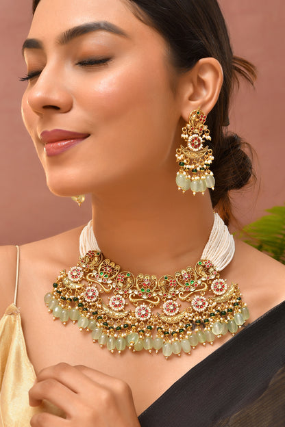 Gold Finish Green Kundan Polki Necklace Set