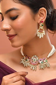 Gold Finish Multi-Colored Kundan Polki Choker Necklace Set