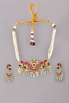 Gold Finish Multi-Colored Kundan Polki Choker Necklace Set