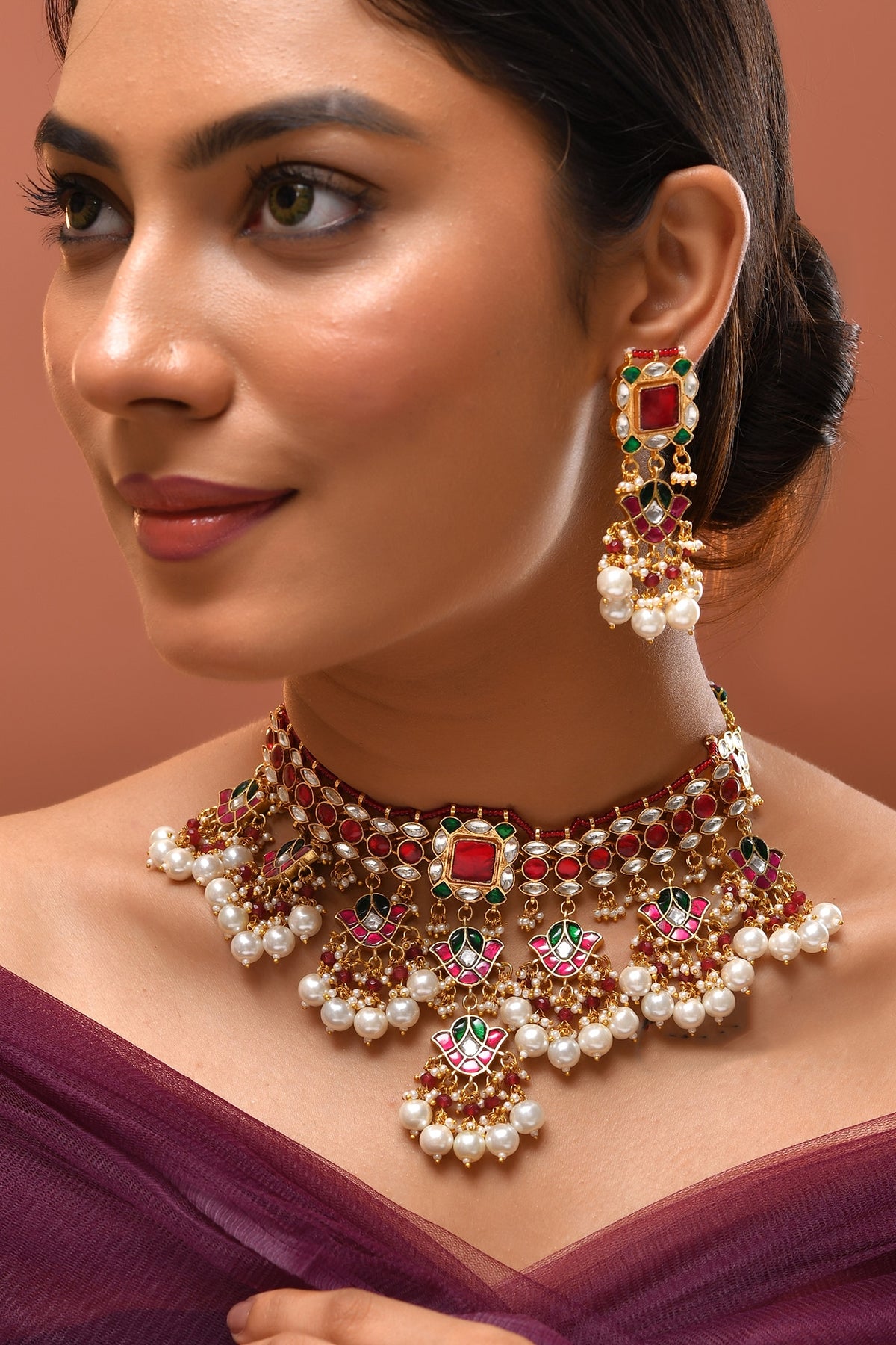 Gold Finish Red Kundan Polki Necklace Set