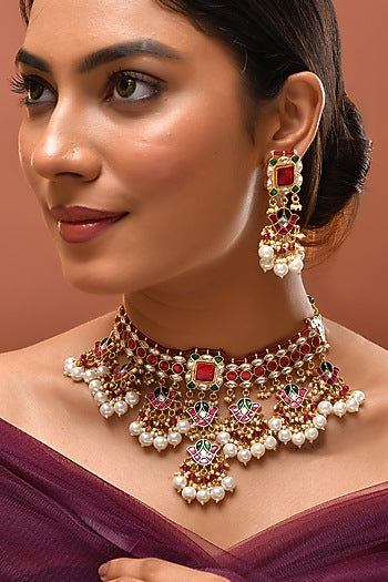 Gold Finish Red Kundan Polki Necklace Set