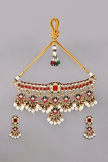Gold Finish Red Kundan Polki Necklace Set