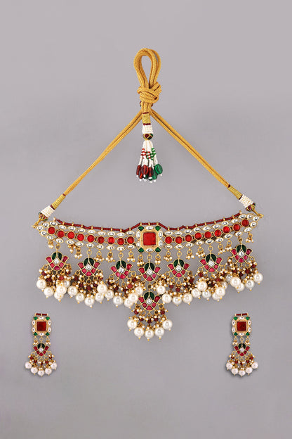 Gold Finish Red Kundan Polki Necklace Set