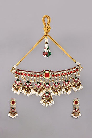 Gold Finish Red Kundan Polki Necklace Set