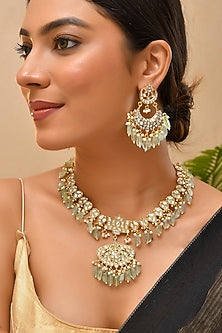 Gold Finish Green Kundan Polki Necklace Set