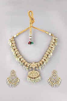 Gold Finish Green Kundan Polki Necklace Set