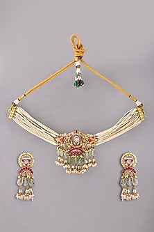 Gold Finish Green Kundan Polki & Mother Of Pearl Choker Necklace Set