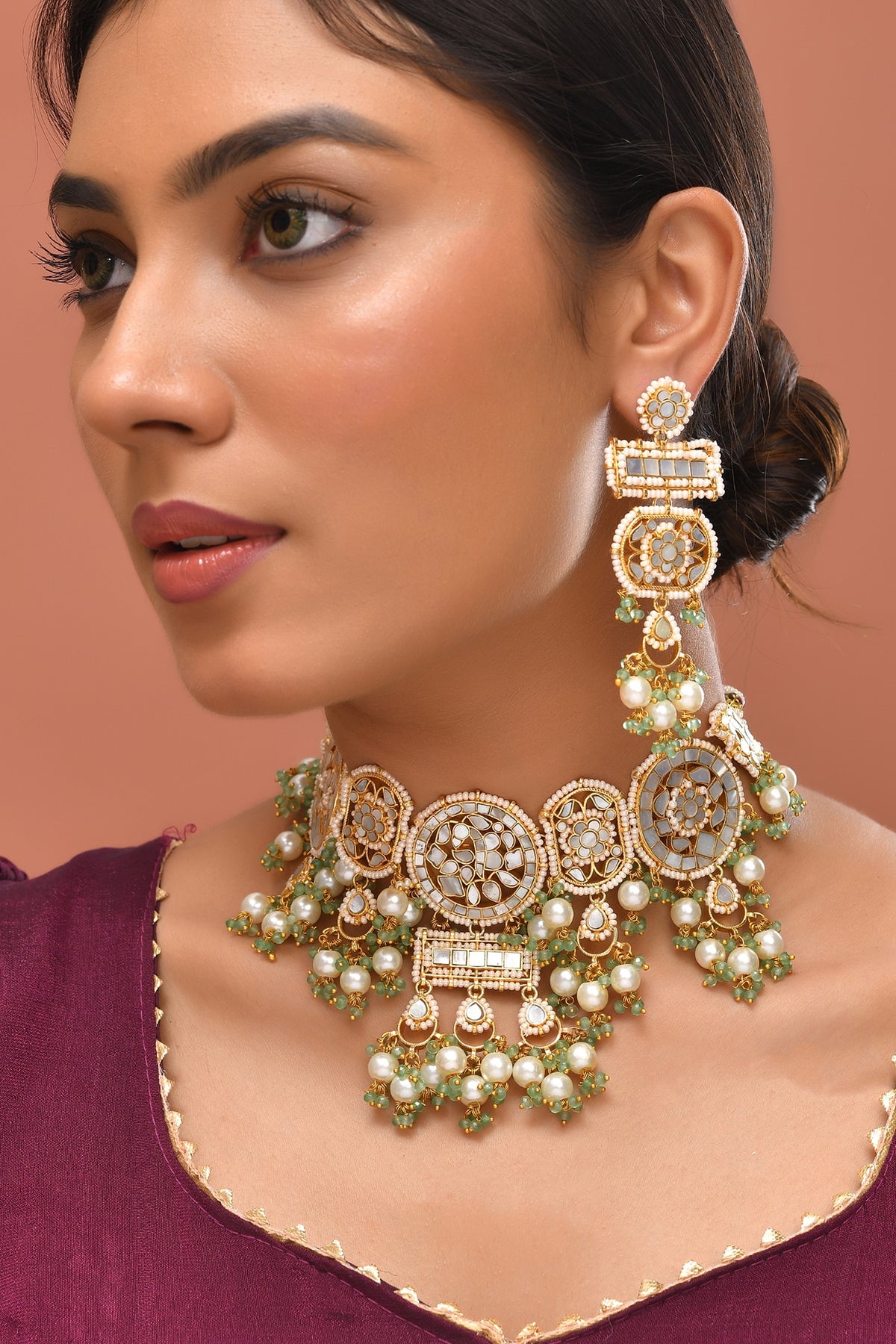 Gold Finish Kundan Polki & Mother Of Pearl Necklace Set