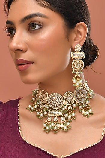 Gold Finish Kundan Polki & Mother Of Pearl Necklace Set