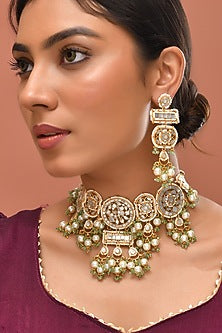 Gold Finish Kundan Polki & Mother Of Pearl Necklace Set