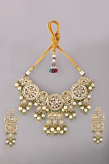 Gold Finish Kundan Polki & Mother Of Pearl Necklace Set