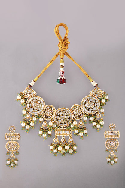 Gold Finish Kundan Polki & Mother Of Pearl Necklace Set