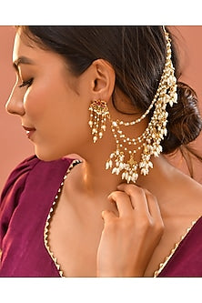 Gold Finish White Kundan Polki Ear Chains