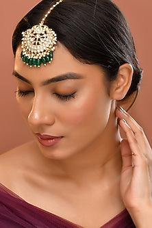 Gold Finish Green Kundan Polki Maangtikka