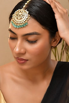 Gold Finish Green Kundan Polki Maangtikka