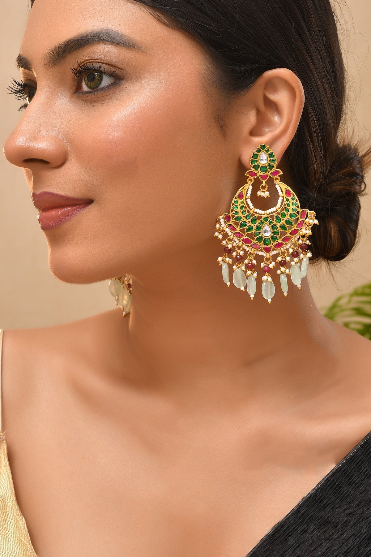 Gold Finish Green Kundan Polki Chandbali Earrings