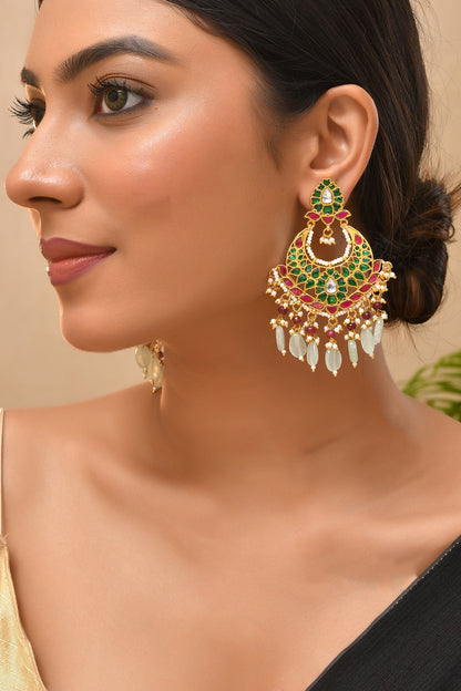 Gold Finish Green Kundan Polki Chandbali Earrings