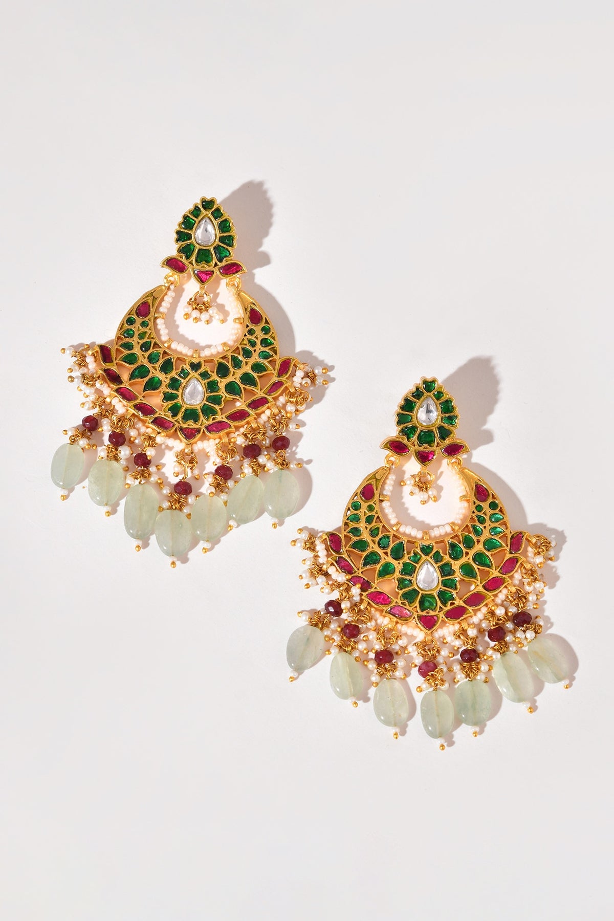 Gold Finish Green Kundan Polki Chandbali Earrings