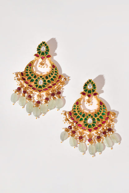 Gold Finish Green Kundan Polki Chandbali Earrings