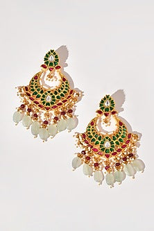 Gold Finish Green Kundan Polki Chandbali Earrings